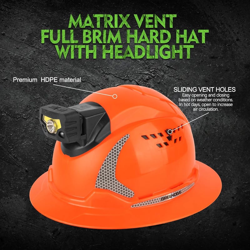 GREEN DEVIL Matrix Full Brim Hard Hat with Headlight Vented Construction Safety Helmet OSHA Approved Cascos De Construccion Work Hardhat for Men&Women - Image 2